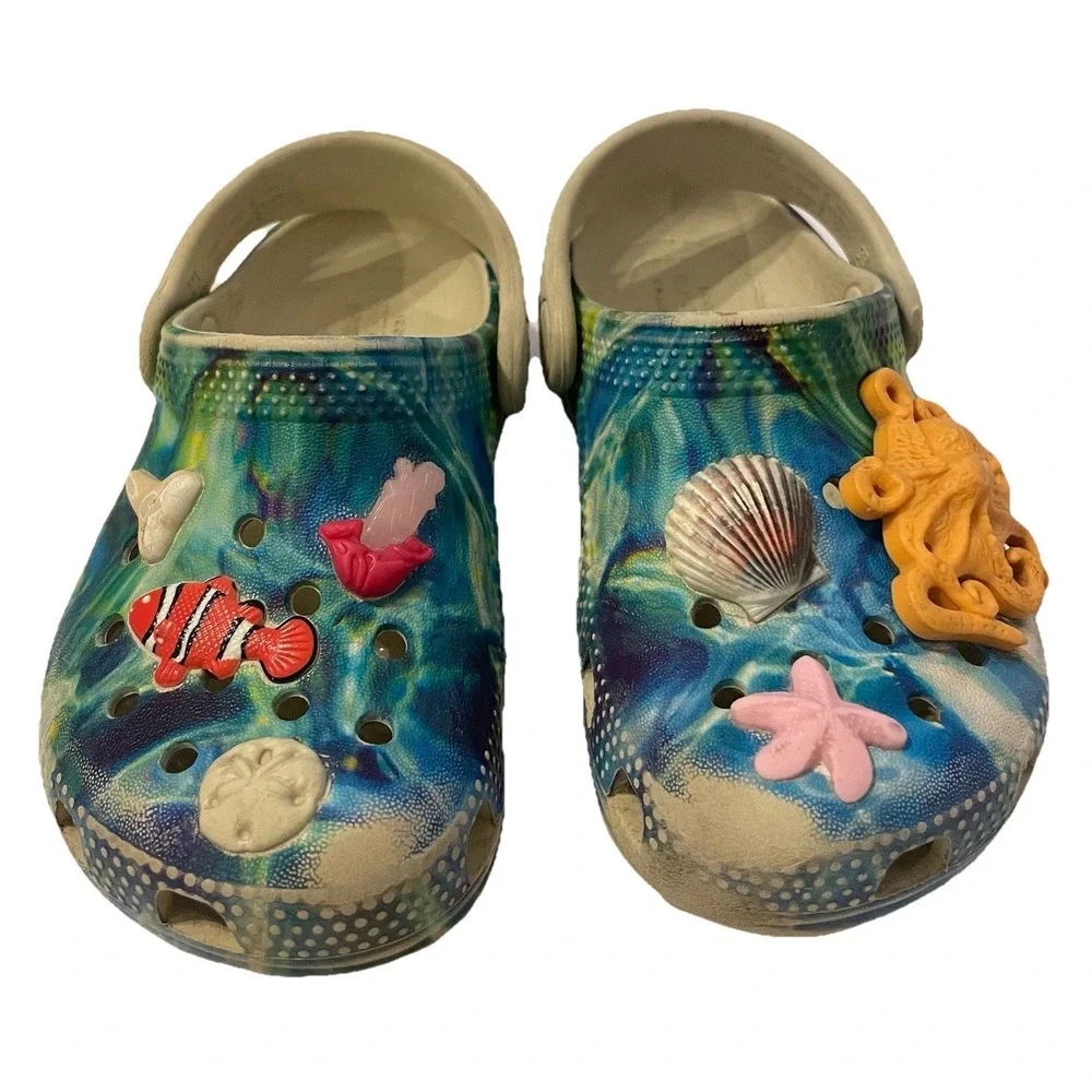 Crocs Kids Under The Sea Classic Clogs C8 Blue Ocean Marble Jibbitz Fish Shell